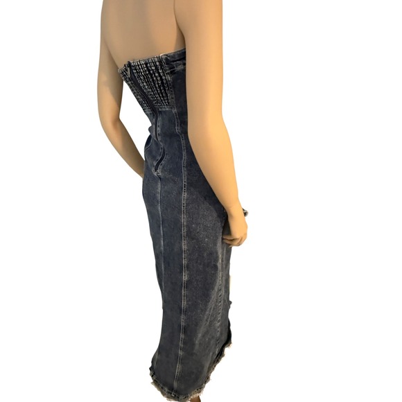 Urban Outfitters Acid Wash Blue Denim Strapless Asymmetrical UO Shiloh Dress M - Picture 16 of 16